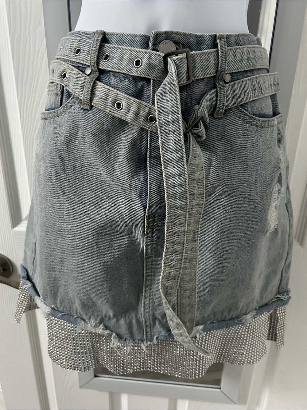 VENUS Light Blue Denim Mini Skirt with Rhinestone Fringe